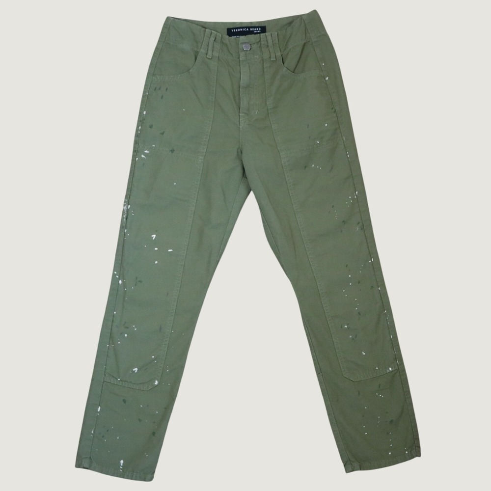 Veronica Beard Arya Paint Splatter Utility Pants Clover Green Women's 25 Cropped